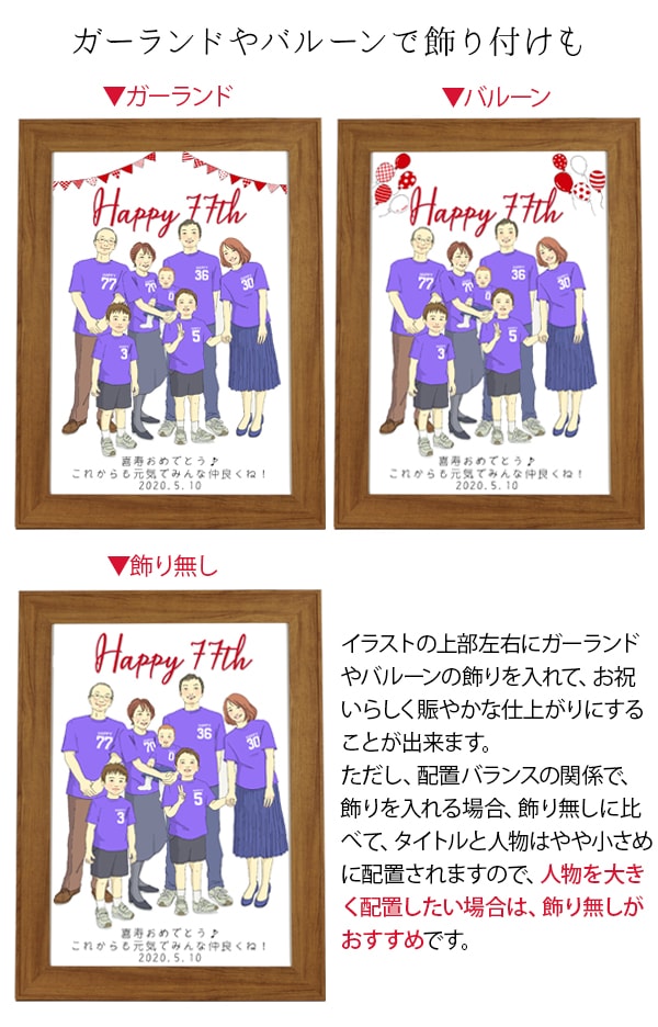 紫の喜寿Tシャツを着せてお揃いで描く『家族絵』 | 喜寿祝い本舗